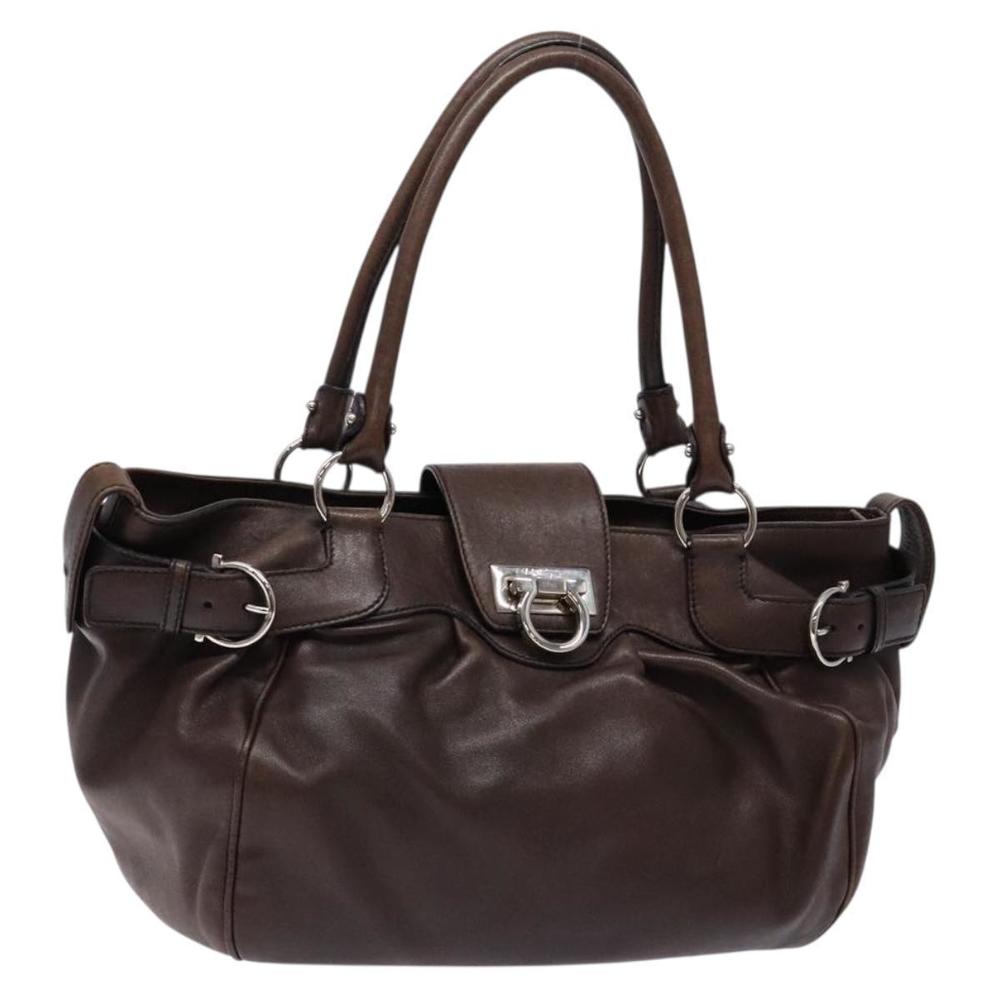 Salvatore Ferragamo Gancini Shoulder Bag Leather Brown Silver Auth sw1152
